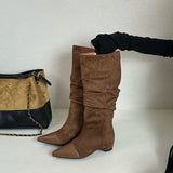 KYLETHOMASW  -  Brown Brand Women Long Boots Fashion Pointed Toe Slip On Ladies Elegant Knee-high Boots Square heel Outdoor Dress Pumps
