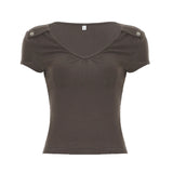 KYLETHOMASW  -  Folds V-neck Top Brown Vintage Slimming Button Short Sleeve T-shirt Casual Basic Streetwear Elegant Cargo Tops Summer