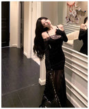 KYLETHOMASW  -  Black Patchwork Lace Sheer Sexy Ruffled Long Dress Women Elegant Chic Neck-mounted Dress Autumn Korean Bodycon Party Dress