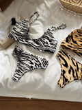 KYLETHOMASW  -  Tiger Striped Bra Set Woman Deep V-neck Adjusted-strap Seamless Bras+Low Waist Panties Casual High Elasticity Lingerie Sets New