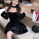 KYLETHOMASW  -  Slash Neck Velvet Black Preppy Dress Long Sleeve Princess Slim Layered Dress Sexy Strapless Birthday Christmas Party Vestidos