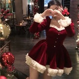 KYLETHOMASW  -  Elegant Velvet Lace Ruffles Patchwork Short Dresses for Women Long Sleeve A-line Korean Fashion Christmas Birthday Party Dress