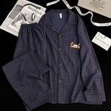 KYLETHOMASW  -  Embroidery Dog Vintage Plaid Men's Pyjama 2 Piece Suit Plus Size Casual Soft Fashion Men's Pajamas Set Spring New Sleepwear