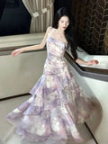 KYLETHOMASW  -  Vacation Style Purple Lace Trim Halter Dress Women Summer Irregular Beach Beautiful Atmosphere Long Skirt Soft Medium Printed