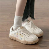 KYLETHOMASW  -  Retro Women Flower Embroidery Sneakers Beige Gum Sole Hook‑Loop & Lace‑Up Round Toe Cute Casual German Trainer Board Shoes
