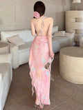 KYLETHOMASW  -  Dresses Women Backless Sleeveless Halter Gradient  Flowers Mesh Slim Split Sexy Sweet Irregular Bandage Hollow Out Party