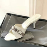KYLETHOMASW  -  Summer Metal Buckle Strap Women's Sandals Round Toe Thin High Heels Breathable Female Pumps Peep Toe Slip-on Sexy Madam Slippers