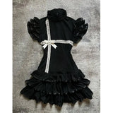 KYLETHOMASW  -  Short Sleeve Bow Lace Mini Dress Cinch Waist Sweet Spicy Black Dress Japanese E-girl Gothic Vintage Dress Women Half High Neck
