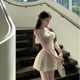 KYLETHOMASW  -  Elegant Lace Trim One Shoulder Top And Skirt Set Spring Fashion Ensemble Short Sleeve Hong Kong Style for Adults