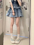 KYLETHOMASW  -  2024 New Puff Sleeve White Shirts Women+ Summer Sexy Gradient Blue Denim Strap Dress+ Leg Warmer Y2k E-Girl Three Piece Sets