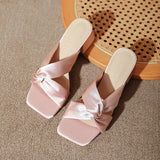 KYLETHOMASW  -  French Style Satin Soft Surface Comfortable Simple Open-Toe Square Head High Heel Beach Sandals Rubber Sole Square Toe Shoes