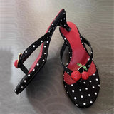 KYLETHOMASW  -  Bohemian Style Polka Dot Round Toe Thin Low Heels Slippers Women Mules Slides Shoes Crystal Rhinestone Sandals Flip Flops