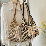 KYLETHOMASW  -  Women Straw Woven Tote Bag Casual Handbag Large Capacity Summer Crochet Shoulder Bag with Bow Patchwork for Outdoor Travel