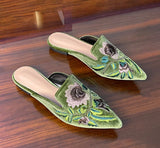 KYLETHOMASW  -  Embroidery Velour Shoes Woman Strange Heel Slippers Design Mules Femme Pointed Toe Wedges Tacones Slides Slip On Pantuflas Mujer