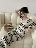 Kylethomasw Summer Casual Striped Knitted Dress Women'S Elegant Slim Square Neck Midi Dresses Korean Vintage Short Sleeve Clothes Robe