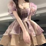 KYLETHOMASW  -  French Puff Sleeve Summer Lolita New Patchwork Square Collar Contrast Color Lace Slim Elegant Casual Princess Party Dresses