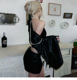 KYLETHOMASW  -  Womens One Shoulder Satin Two Piece Set Cape Sleeve Crop Top and Mini Skirt Set