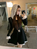 Kylethomasw Elegant Black Mini Dress for Women Lace Hooded Vintage Long Sleeve A-line Dress French Style Fashion Spring Autumn Dress