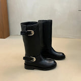 KYLETHOMASW  -  Winter Belt Buckle Women Knight High Boots Thick Heel Shoes Female Vintage Slip On Slim Long Booties Zapatos De Muje