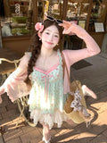 KYLETHOMASW  -  French Style Sweet Girl Patchwork Sets Women Fake Two-piece Floral Camisole + Lace Mesh Half Skirt Suit Beach Party 2-piece Set