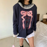 KYLETHOMASW  -  Korean Temperament Bow Letter Printed T-shirt Women Spring New Patchwork Lace Edge Long Sleeved Top