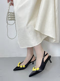 KYLETHOMASW  -  Pink High Heels Sexy Pointed Toe Slingback Shoes Summer Small Flower Low Heel Office Shoes Black Pumps White Talons Femme