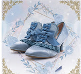 KYLETHOMASW  -  Women Sweet Lolita Vintage Satin Heels Scalloped Lace Ruffle Bow Front Lace Up Design Victorian Curved Heel Bridal Costume Pumps