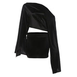 KYLETHOMASW  -  Womens One Shoulder Satin Two Piece Set Cape Sleeve Crop Top and Mini Skirt Set