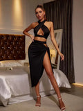 Kylethomasw New Sexy Backless Party Midi Dress Summer Women Solid Top And Skirt Set Cross Cropped Elegant Black Sleeveless Dresses