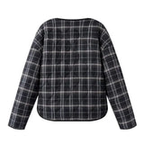 KYLETHOMASW  -  Ethnic Women Gray Plaid Wave Quilting Full Sleeve Loose Coat Outerwear Autumn Winter Covered Buttons O Collar Quilted Jacket