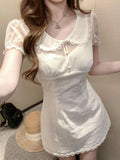 KYLETHOMASW  -  Summer French Elegant Lace Doll Collar Puff Sleeve Sheer Polka Dot Mesh Hollowout Slim Fit Two Piece Dress Women Daily Party