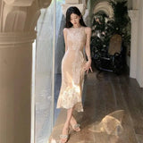 KYLETHOMASW  -  Women's Elegant Lace Off-Shoulder Mermaid Party Dress Summer O-neck Sleeveless Sequin Trim High Slit Bodycon Dresses 2025 New
