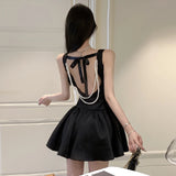 KYLETHOMASW  -  Party Mini Dresses Women Backless Sexy Bow Bandage Pearl Sleeveless Vintage Elegant Dress Ladies Slim French Style Chic