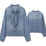 KYLETHOMASW  -  Minimalist Women's Blouse Bow Denim Shirt Fashionable And Elegant Casual Commuting Long Sleeved Shirt Pull Tops