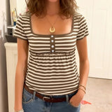 KYLETHOMASW  -  American Daily Striped Contrasting Square Neck Short Sleeved T-shirt Sexy Spicy Girl A-list Casual Basic Versatile Tops