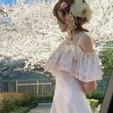 KYLETHOMASW  -  Summer Sweet Lace Lolita Waist Slimming A-line Long Dress for Women Off Shoulder Ruffle Short Sleeve Pink Elegant Dress