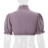 KYLETHOMASW  -  Korean Sweet Ruffle Collar Puff Sleeve Crop Blouse Women Thin Lightweight Casual Daily Shirt