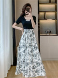 Kylethomasw Elegant Dresses for Women Patchwork A-line Long Dress Floral Print Vintage Casual Chinese Style New Summer One Piece Vestidos
