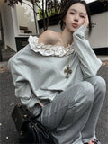 KYLETHOMASW  -   Grey Sweet Florals Sweatshirts Women Loose Fashion Spring 2025 Mujer Skew Collar New Daily All Match Streetwear