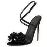 KYLETHOMASW  -  Denim Blue Flower Open Toe Stiletto Sandals Woman Summer Cross Ankle Strap Slingback High Heels Shoes for Party Wedding
