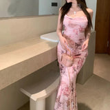 KYLETHOMASW  -  Summer Women's Clothing Pullover Sleeveless Casual Camisole Plant&Flowers Printing Pleated A-Line Mermaid Ankle Skirts Dresses