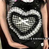 KYLETHOMASW  -  Lace Plaid Love Heart Mochilas Mujer Sweet Cute Bow Mochila Drawstring Bag Portable Lightweighte Backpack Y2k Bags for Woman