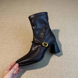 KYLETHOMASW  -  Thick Heel Elastic Slim Women Ankle Boots Fashion Square Toe Autumn Winter Ladies Elegant Mordern Short Booties