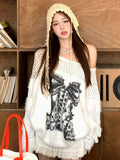 Kylethomasw White Butterfly Print Sweater Women Bow Graphic Long Sleeve Pullover Hollow Out Off Shoulder Knitwear Sexy Autumn Winter