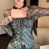 Kylethomasw Square Neck Contrast Color Plaid Casual Long-sleeved T-shirt Women Autumn New Korean Lace Up Pleated Sexy Slim Crop Tops