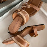 KYLETHOMASW  -  Vintage Braided Belt Buckle Open Toe Wedges Women's Summer New Square-toed High-heeled Slippers