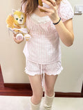 KYLETHOMASW  -  Pink Striped T-Shirt Shorts Set Women Buttons Lace-up Puff Sleeve Top+Ruffles Drawstring Short Pants Cotton Pajama 2 Piece Sets