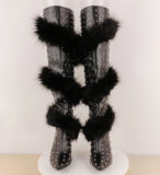 KYLETHOMASW  -  Fashion Leather Pointed Toe Over-the-Knee Boots Round Silver Studded Detail Plush Faux Fur Trim Stiletto Heel Punk Style Boots