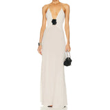 KYLETHOMASW  -  3D Flower Decro V Neck Low Cut Dress Elegant Sexy Backless Spaghetti Strap Long Dress Chic Women Club Party Holiday Vestidos