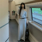 KYLETHOMASW  -  Grey Slim Fit Sloping Shoulder Short T-shirt Top Loose Fit Set for Women's Summer High Waisted Skirt Casual Two-piece Set